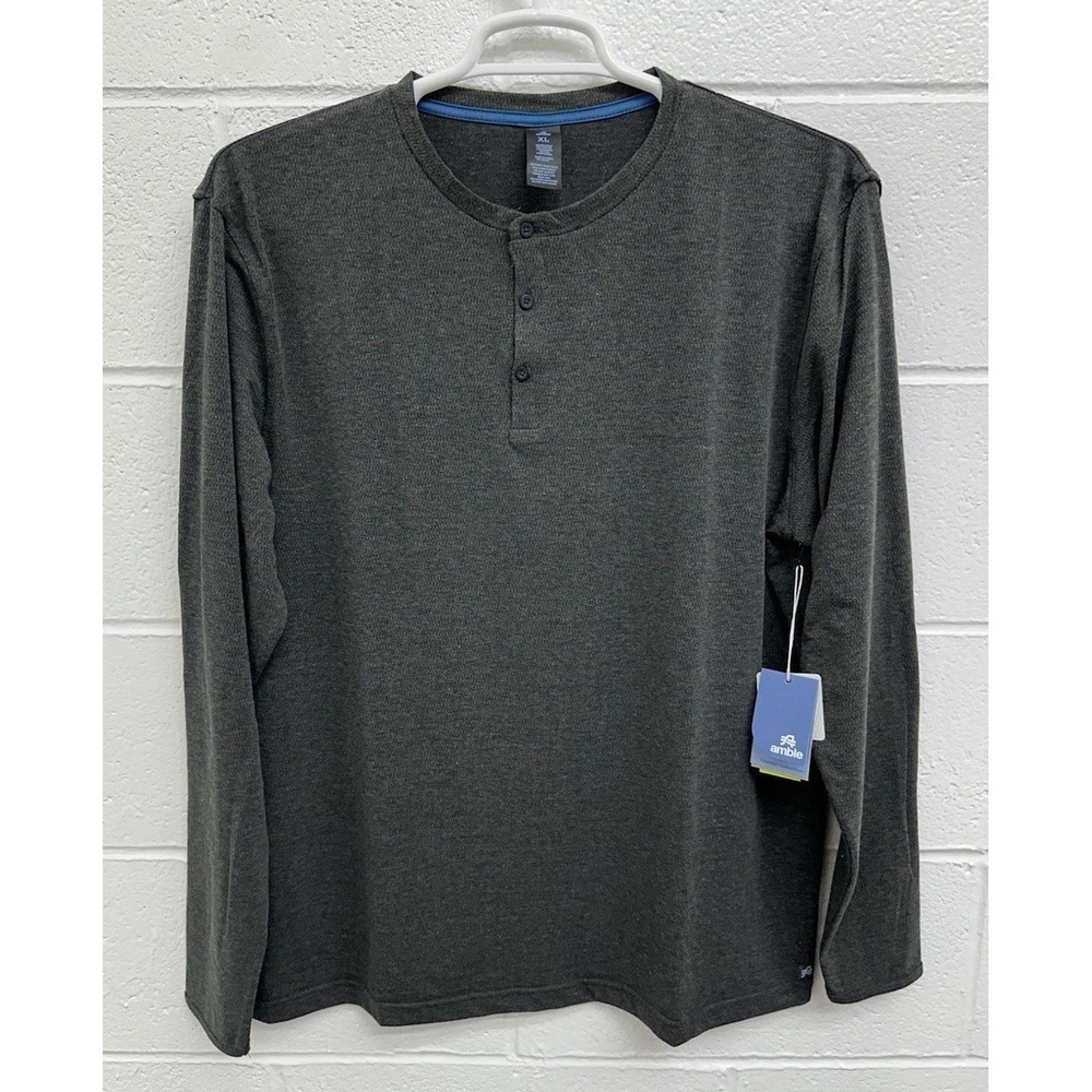 NWT Amble Clothing Coastal Midlayer Henley Crew Long Sleeve Black‎ Heather Large